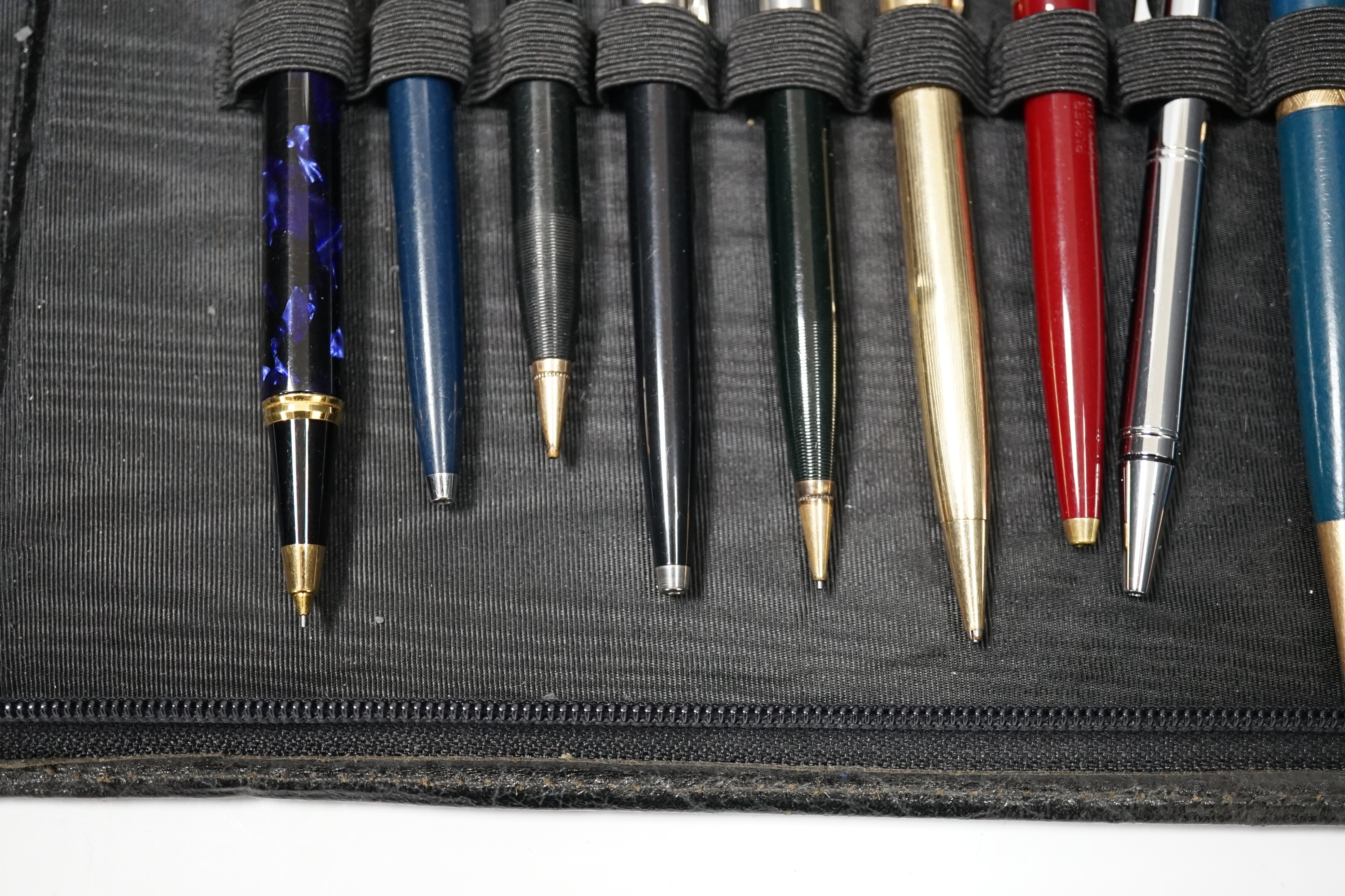 A Waterman 100 blue marble pencil plus sundry ball pens and pencils and case